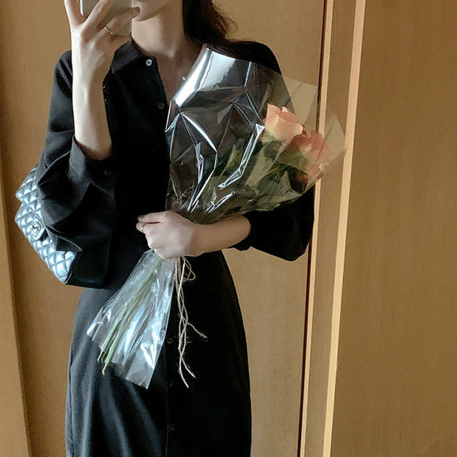 女款法式襯衫連身長裙, 黑色