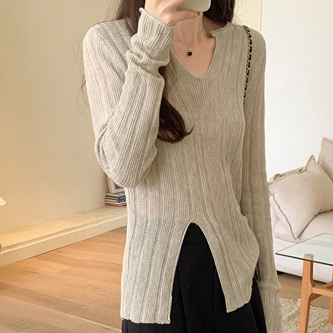 페이퍼먼츠 여성용 딥 브이넥 시스루 니트 티셔츠 07322