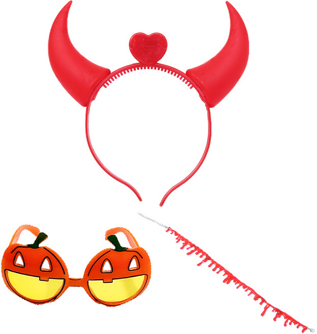 피앤비유니티 악마뿔 안경 피목걸이 3종 세트, 02LED악마뿔머리띠, 1세트