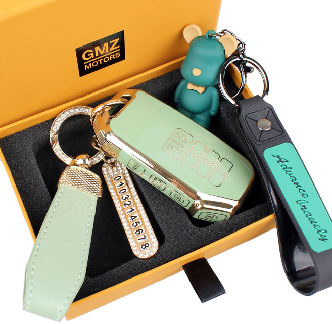 지엠지모터스 기아 자동차 전용 TPU 스마트 키홀더 키링 케이스+전화번호 스트랩+가죽스트랩+곰돌이 열쇠고리 세트, 올리브그린, AK-11
