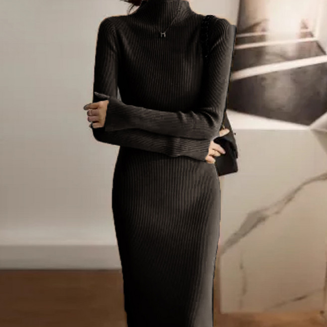 Paperments 修身直筒高領針織連身裙 07310, 黑色