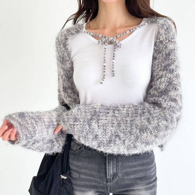 플랜데이 여성용 믹스 앙고라 퍼 리본 스트랩 니트 볼레로 가디건