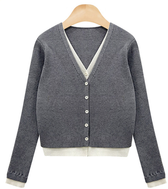 KnitNJean 女款嫘縈彈力羅紋雙色拼接Erma開襟衫