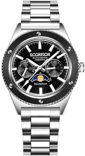 스콜피온시계 남성용 문페이즈 멀티펑션 메탈시계 SP3581M-BK