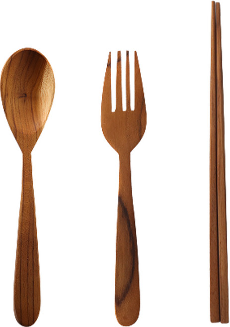 나무공방 티크우드 통원목 1인 양식기 세트, 혼합색상, 스푼 + 포크 + 젓가락, 1세트