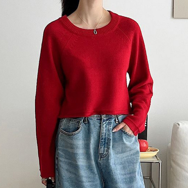 KnitNJean 女款後開衩拉克蘭短版Manat圓領針織衫