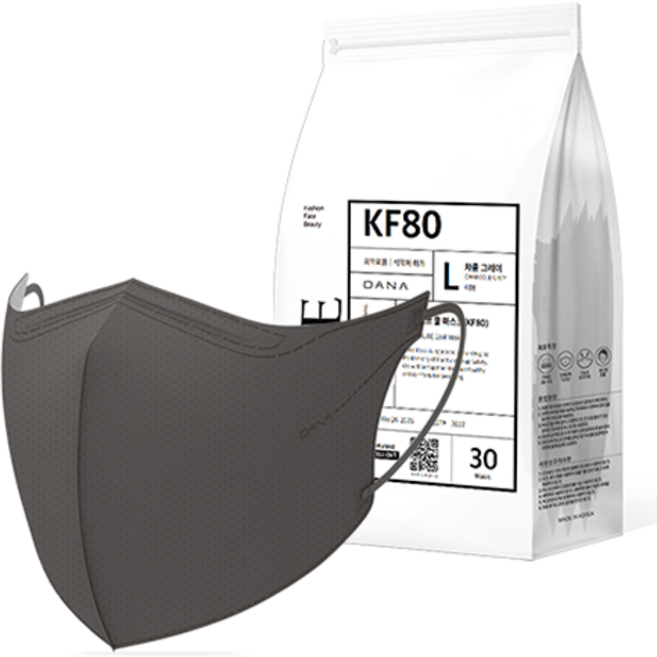 다나마스크 오브 쿨 뷰티라인 마스크 대형 KF80, 30개입, 1개, 챠콜 그레이