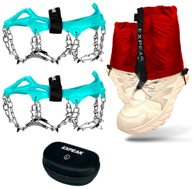 엑스피크 툰드라 13P 아이젠 양발착용 + 트레일 숏 스패츠 좌우 + 하드케이스 세트, 민트(아이젠), 레드(스패츠)