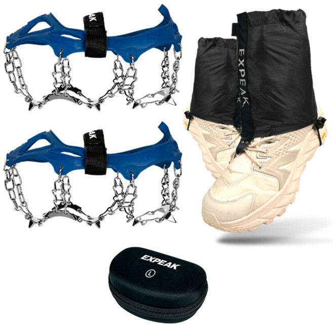 엑스피크 툰드라 13P 아이젠 양발착용 + 트레일 숏 스패츠 좌우 + 하드케이스 세트, 네이비(아이젠), 블랙(스패츠)