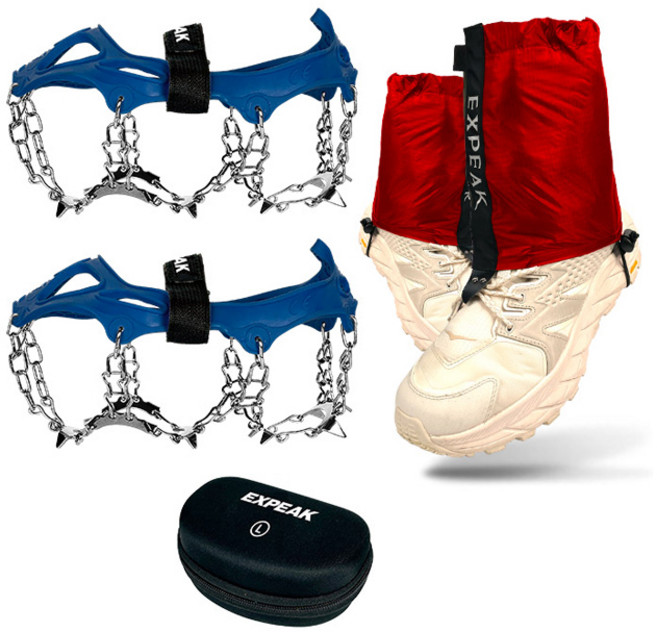 엑스피크 툰드라 13P 아이젠 양발착용 + 트레일 숏 스패츠 좌우 + 하드케이스 세트, 네이비(아이젠), 레드(스패츠)