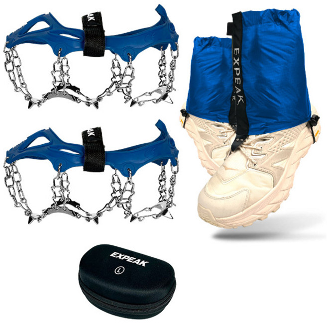 엑스피크 툰드라 13P 아이젠 양발착용 + 트레일 숏 스패츠 좌우 + 하드케이스 세트, 네이비(아이젠), 블루(스패츠)