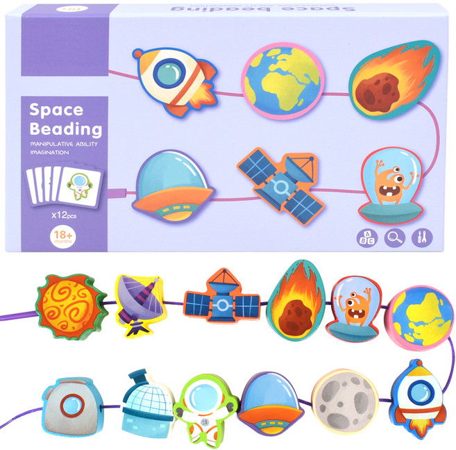 오즈토이 원목 블록 실꿰기 교구, 우주, 1개