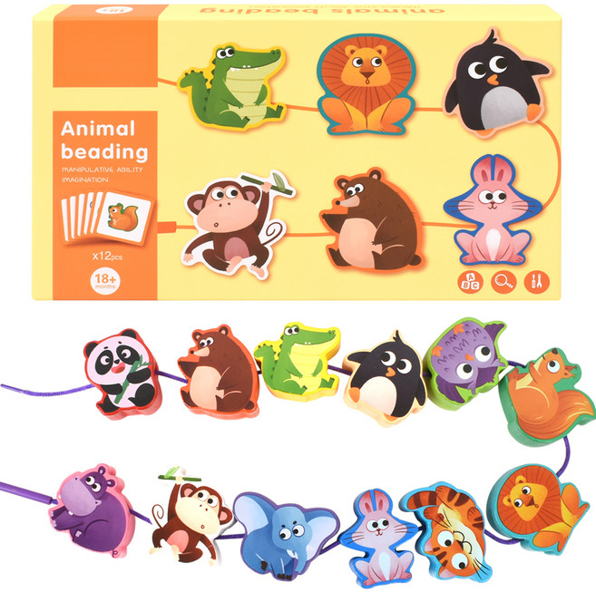 오즈토이 원목 블록 실꿰기 교구, 동물, 1개