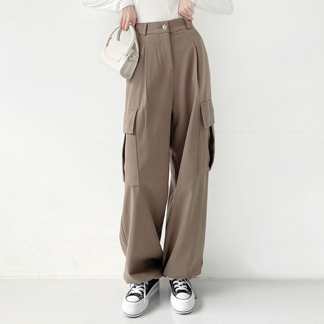 플랜데이 여성용 울터치 밑단 스트링 조거 와이드 카고 롱 팬츠 롱