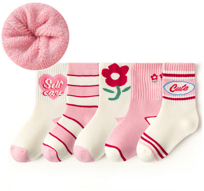 아이뿜 아동용 핑크 하트 플라워 방한 양말 5종 세트 H64