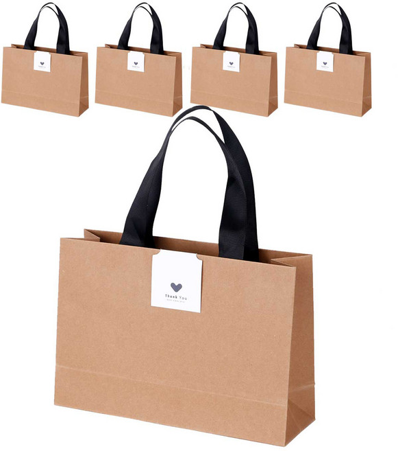 인디케이 리본 쇼핑백 소 5p + 마감 스티커 5p 세트, 크라프트, 1세트