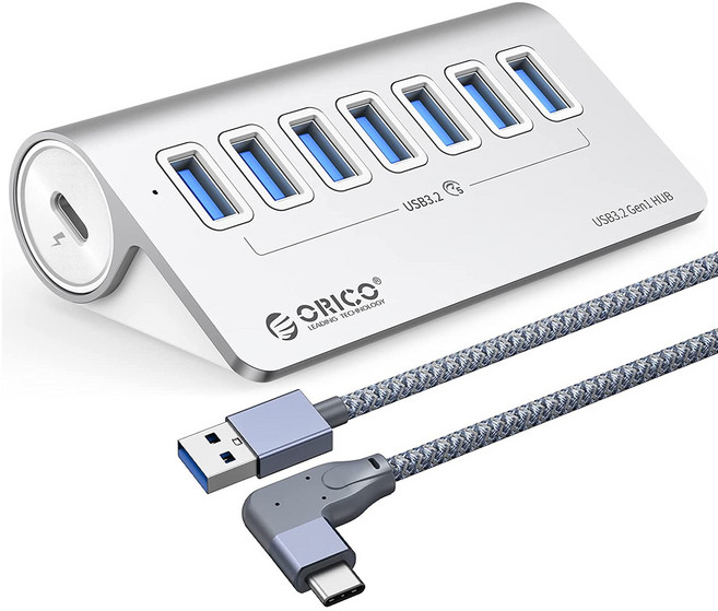 ORICO 奧睿科 Type-C 無/有電源兩用 7埠 USB 3.2 GEN1 USB集線器 M3U7 + Type-C轉USB A-Type L型連接線組, 銀色(USB集線器)