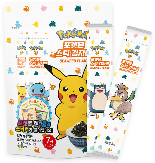지도표성경 포켓몬 스틱 김자반 8g x 7p 랜덤발송 + 렌티큘러 스티커 랜덤발송 세트, 56g, 1세트