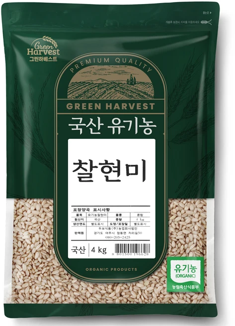 그린하베스트 국산 유기농 찰현미, 4kg, 1개 - 쿠팡