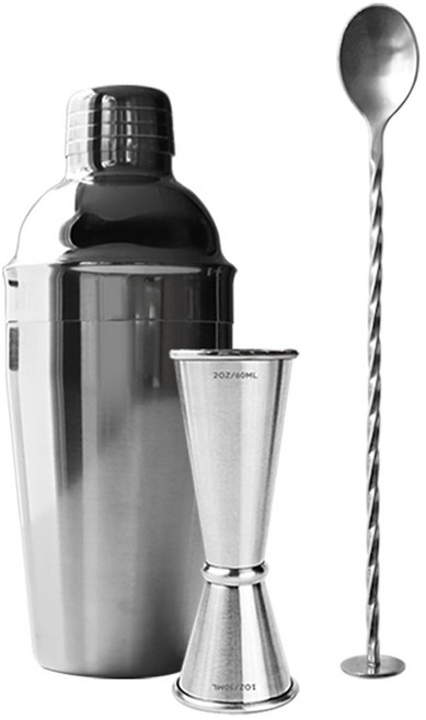 칼딘 칵테일 코블러 셰이커 550ml + 지거 + 바 스푼 세트, 실버, 1세트