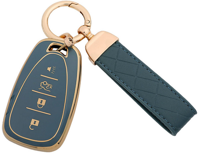 엠디글로벌 쉐보레 TPU 차키케이스 호환 + 가죽스트랩 세트, 그레이블루, 쉐보레 C타입