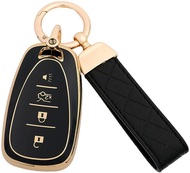엠디글로벌 쉐보레 TPU 차키케이스 호환 + 가죽스트랩 세트, 블랙, 쉐보레 C타입