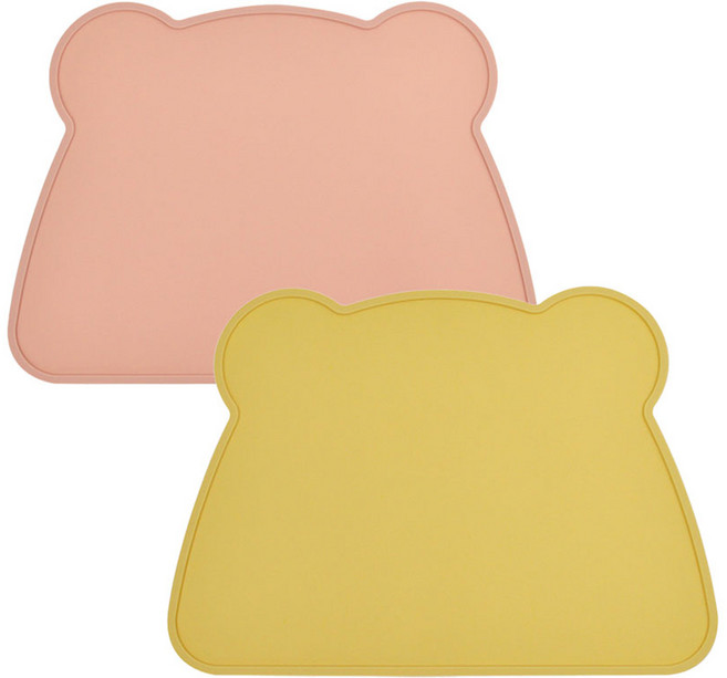키친유 곰돌이 실리콘 식탁 매트 2종 세트, 노랑 + 살구, 360 x 260 mm, 1세트