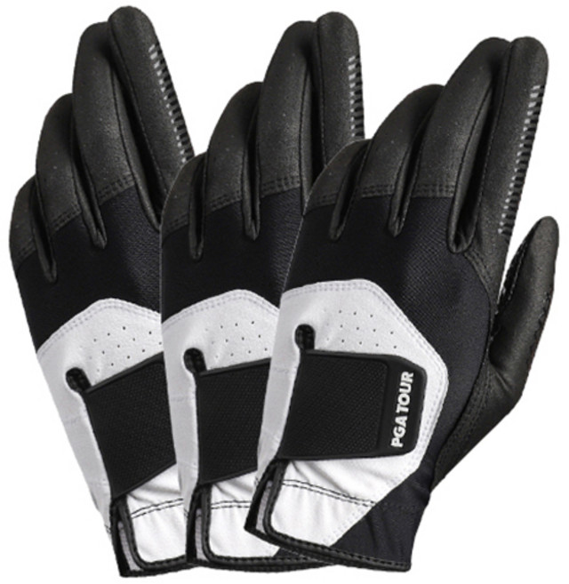 PGA투어 남성용 파워 논슬립 실리콘 골프장갑 왼손착용, 블랙, 3개