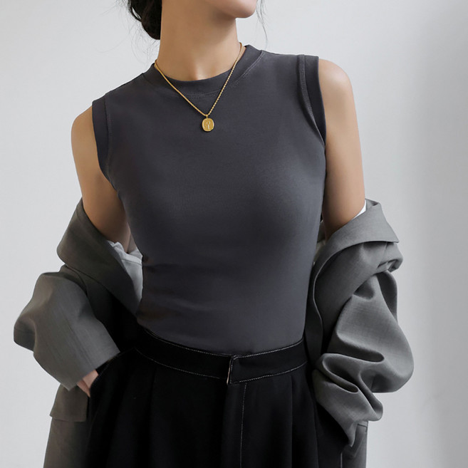 여성용 통기성 닷이프 면 라운드 슬리브리스