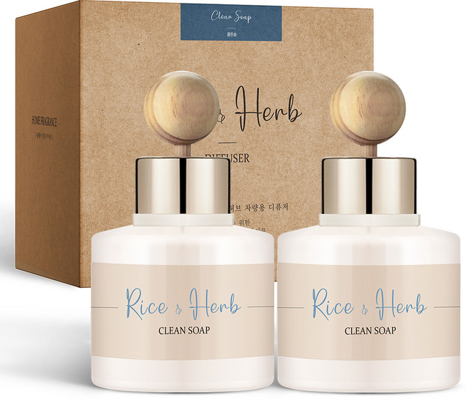 살림백서 라이스 앤 허브 차량용 디퓨저 80ml 본품 2p + 우드볼 스틱 2p + 부착 스티커 2p, 클린솝, 1세트