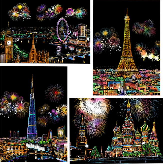 코히모 스크래치 컬러링 페이퍼 도안 카드 액자 세트 3W107, 불꽃놀이, 1개