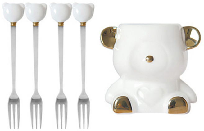 바네 곰돌이 수반세트, 화이트, 티포크(4p) + 티수저통(1p), 1세트
