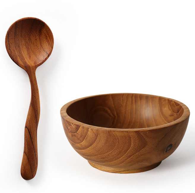나무공방 티크우드 통원목 시리얼볼 요거트볼 + 스푼 세트, 혼합색상, 1세트