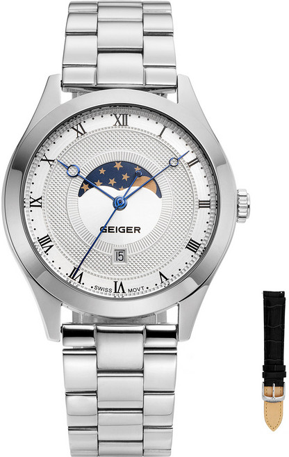 가이거 남성용 문페이즈 메탈시계 GE8019WS_M + 가죽밴드 세트