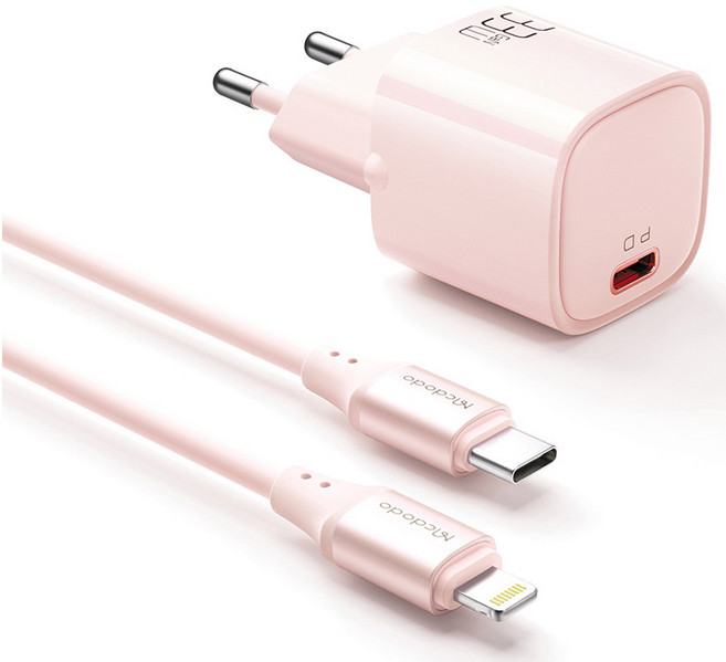 맥도도 GaN PD3.0 PPS 초고속 미니 충전기 33W + C타입 to 8핀 케이블 세트, 핑크, 1세트