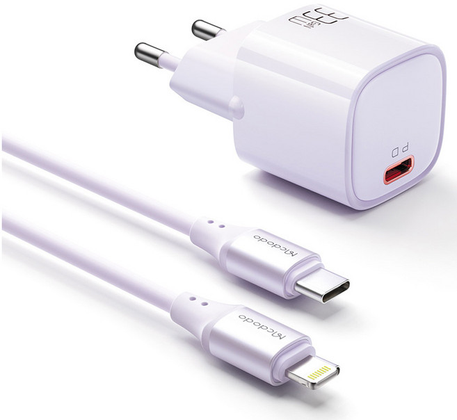 맥도도 GaN PD3.0 PPS 초고속 미니 충전기 33W + C타입 to 8핀 케이블 세트, 퍼플, 1세트