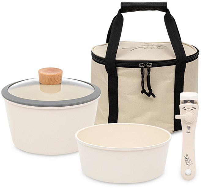 KOA 캠프 인덕션 IH 아웃도어 세라믹 코팅 탈착식 쿡웨어 코펠세트, 아이보리, 1개