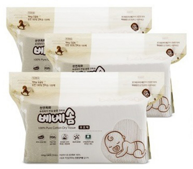 베베솜 무표백 건티슈 순면, 60g, 100매, 3개