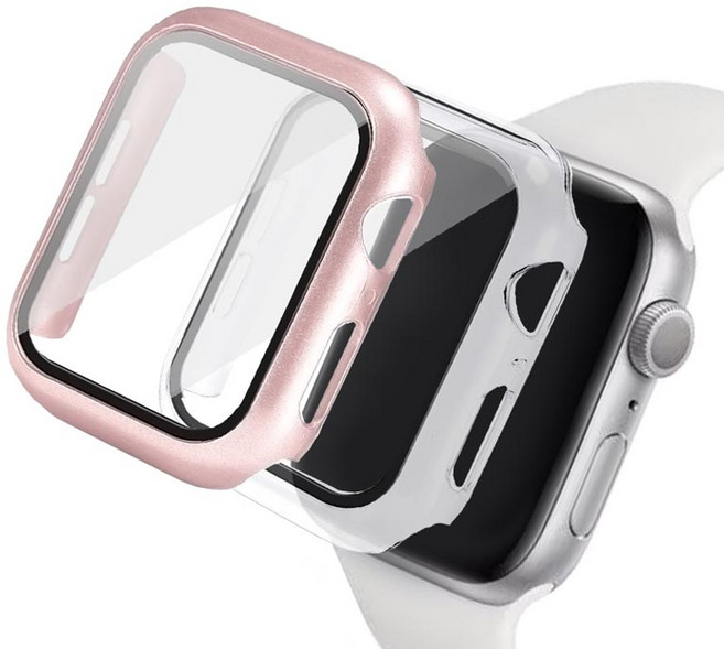 루아르모 애플워치 액정보호 강화유리 풀커버 케이스 2p, 브라이트로즈핑크, 투명