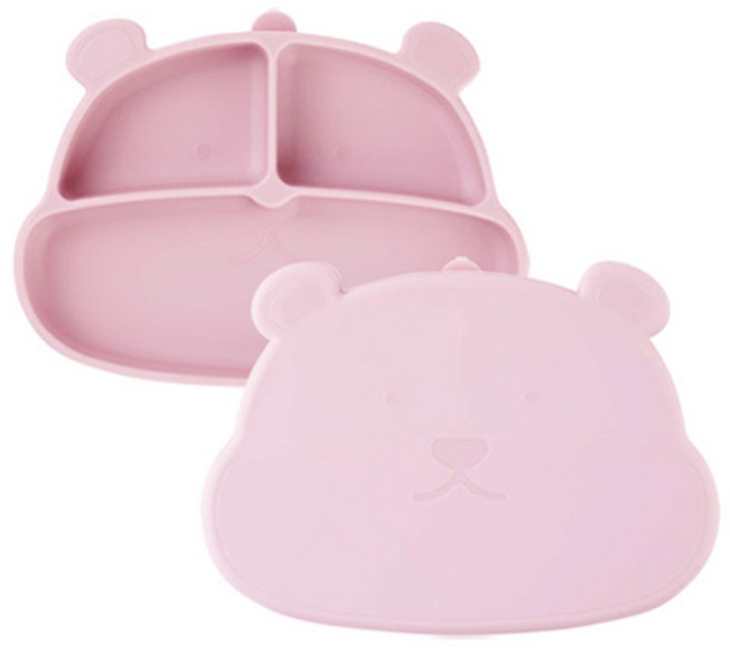 마미스테이블 먹자곰 흡착 푸드그레이드 실리콘 유아식판 세트, 베이비핑크, 1세트, 식판 + 뚜껑