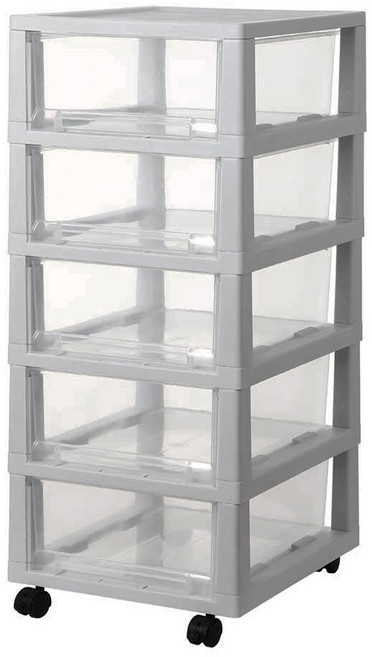 마이닝 플라스틱 서랍장 바퀴부착, 회색 + 투명, 5단