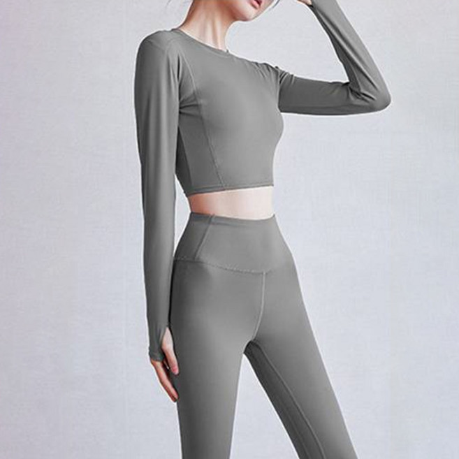 구디프레이디 여성용 반크롭 긴팔 슬리밍 탑 + 레깅스 세트