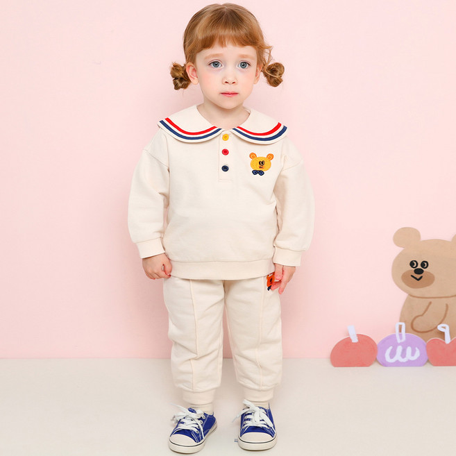 milk mile 童款簡約水手風小熊印花長袖套裝