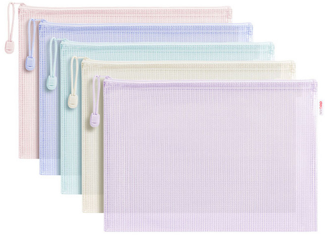 델리 파스텔 PP 메시 지퍼백 A4, 핑크 + 오렌지 + 퍼플 + 그린 + 옐로우, 1세트