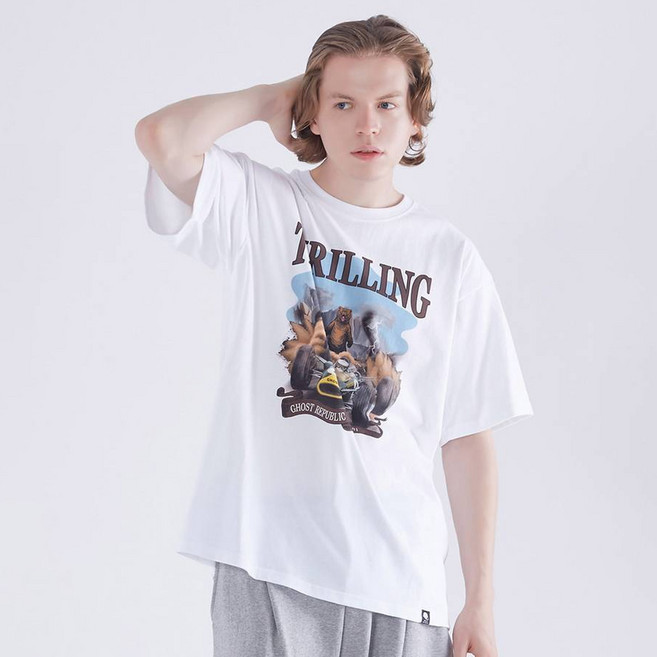 고스트리퍼블릭 남녀공용 THRILLING 빈티지 프린팅 오버핏 면 반팔티 GT-347
