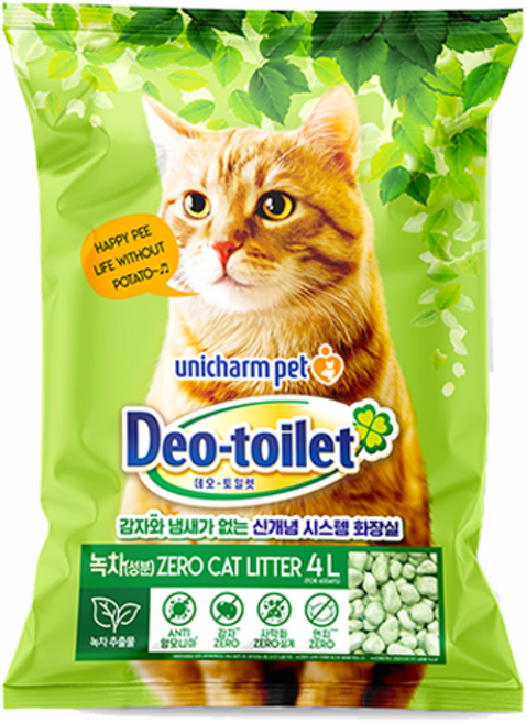 유니참데오토일렛 비응고형 감자 없는 Zero 고양이 모래, 4L, 1개, 녹차향