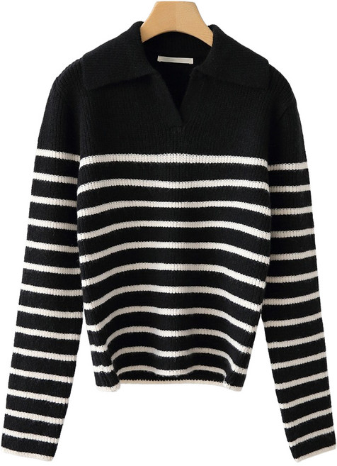 제니트 여성용 기본핏 오픈 머빗카라단 배색 포인트 잔골지 긴팔 니트