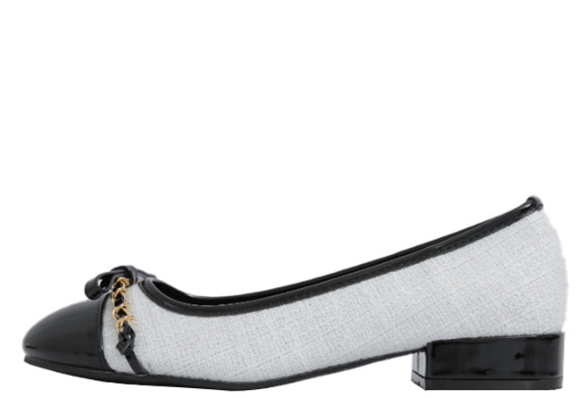 벨라노이 여성용 에나멜 콤비 체인 리본 장식 트위드 플랫 슈즈 2.5cm