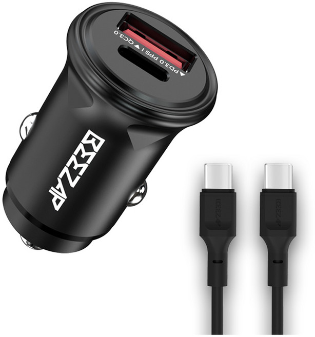비잽 PD3.0 + QC3.0 듀얼 C타입 + A포트 PPS 초고속 차량용 충전기 48W + C타입-C타입 고속케이블 세트, BZD48(충전기), 블랙