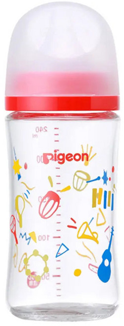 pigeon 貝親 實感哺乳玻璃奶瓶 3個月以上, 樂器版 透明色 + 紅色, 240ml, 1個